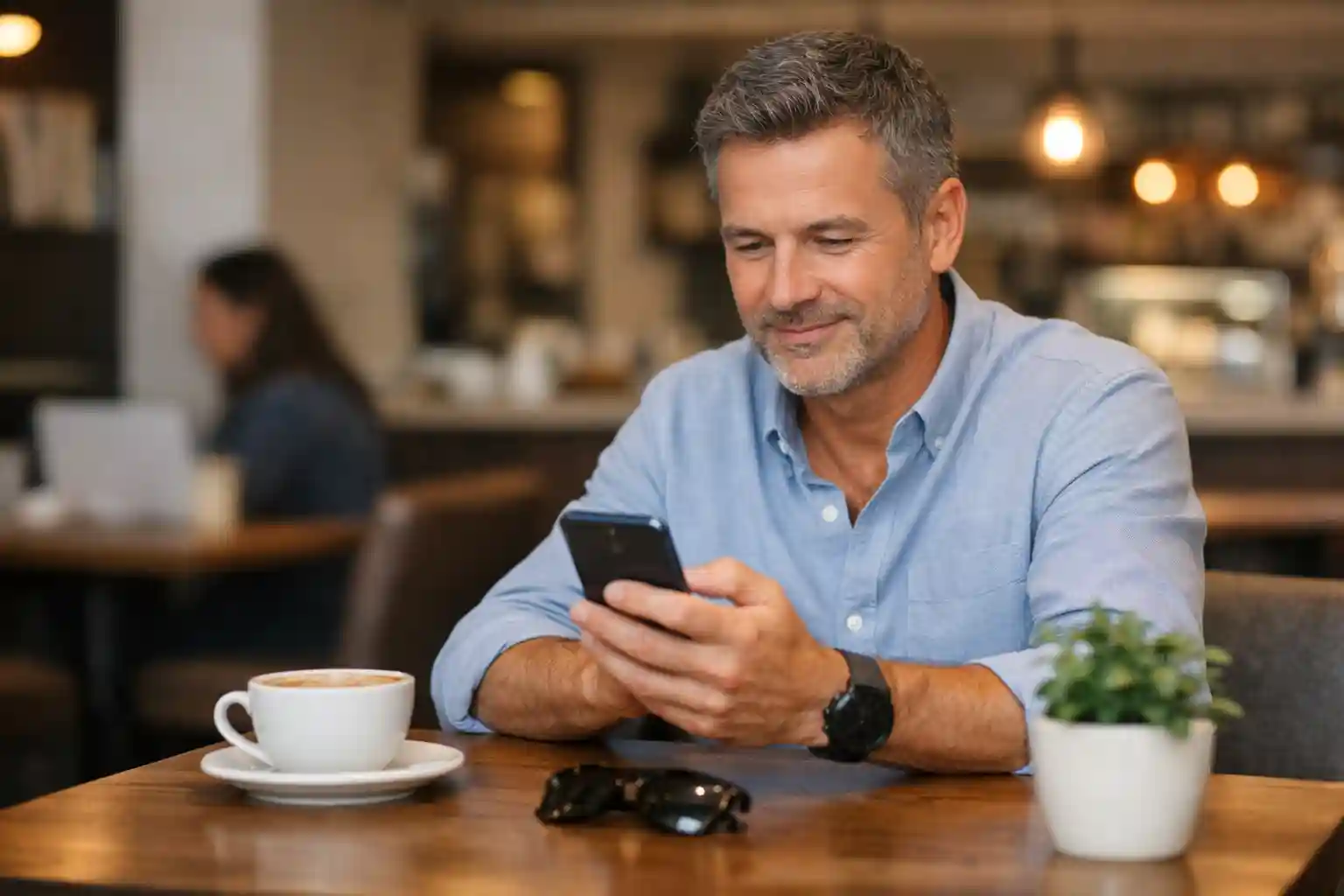 Small business owner checking messages on a smartphone at a café table