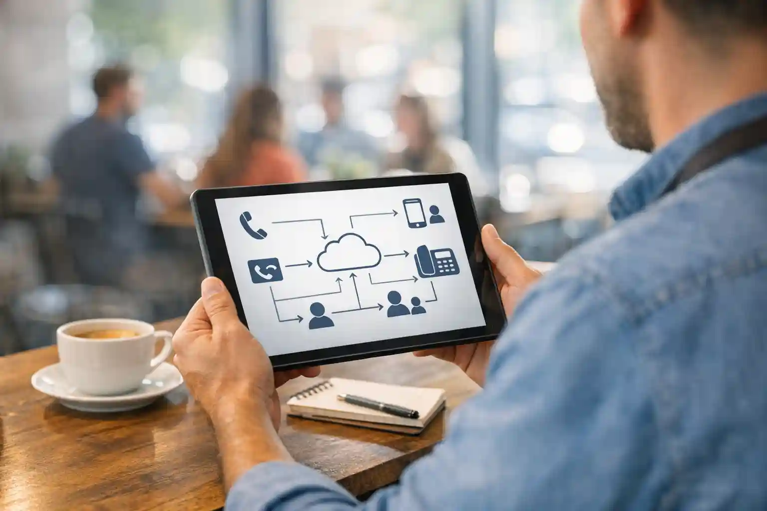 Close-up of a small business owner reviewing call logs and text messages on a tablet at a cafe