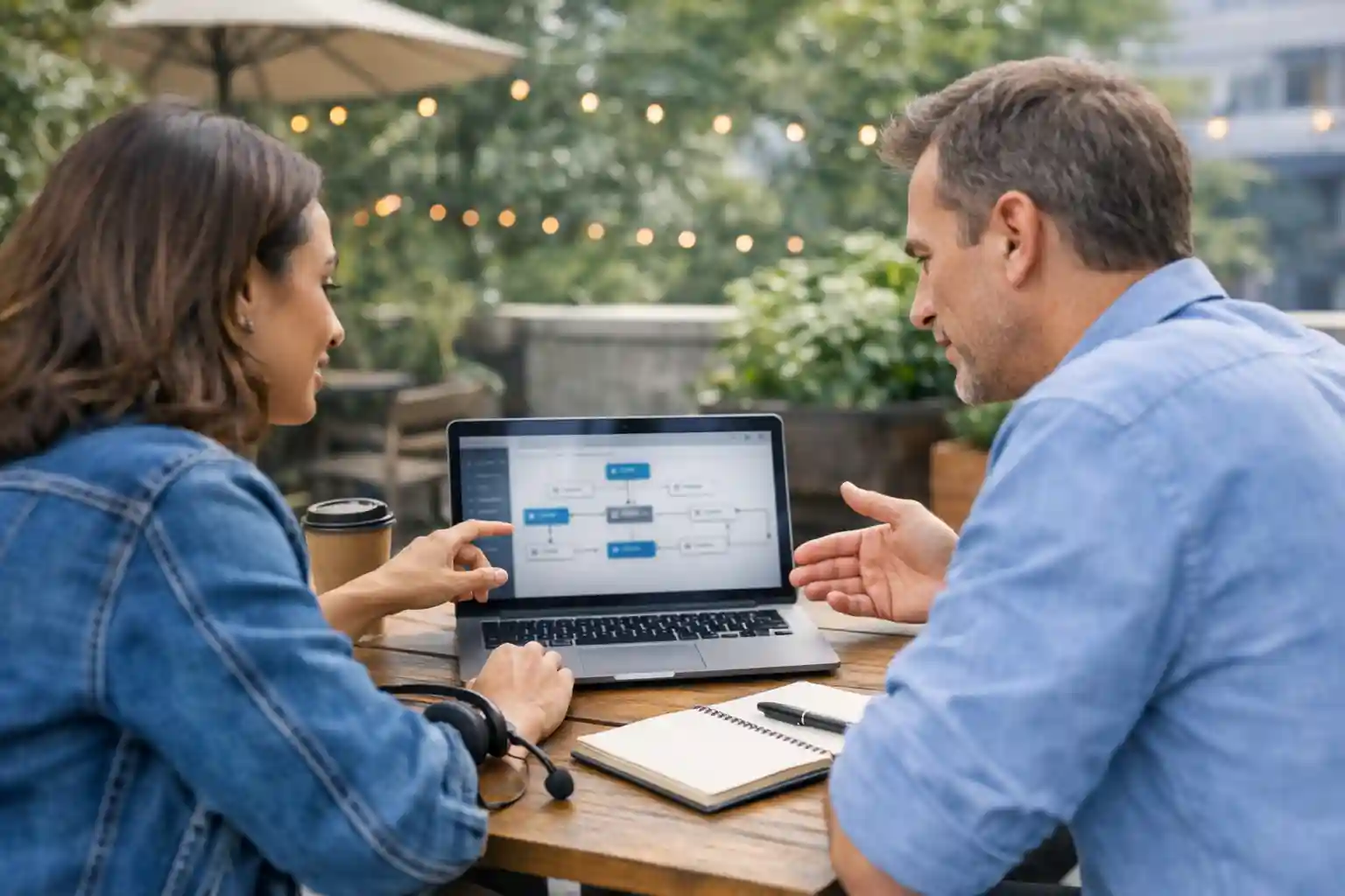 Two team members setting up call routing on a laptop in a small office