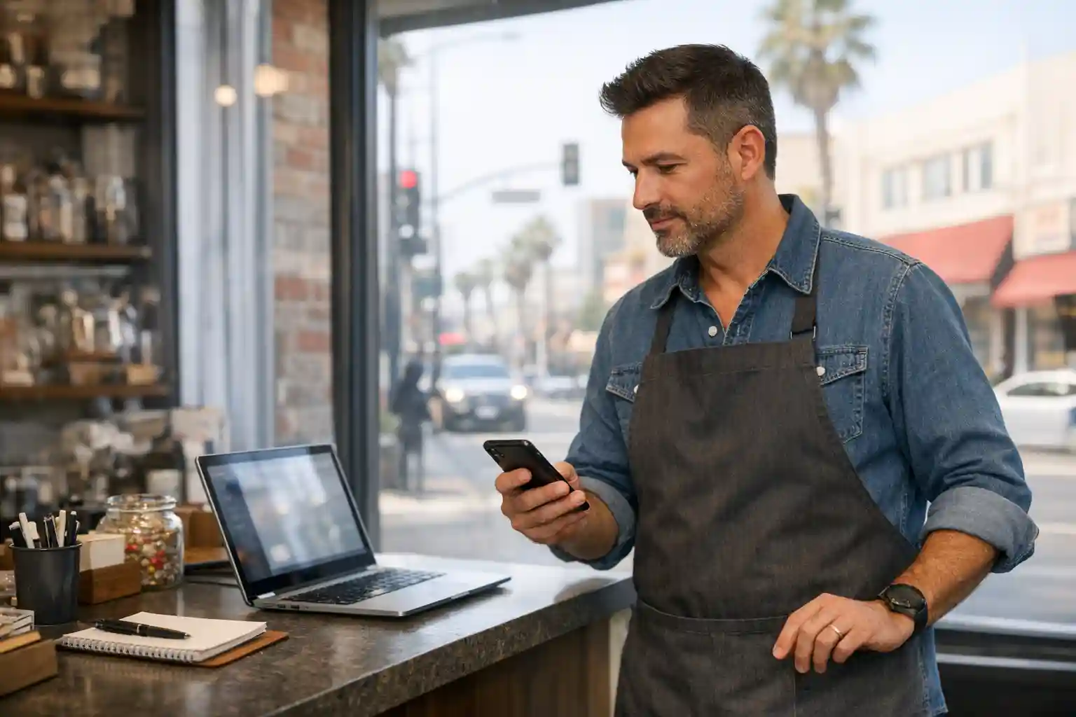 Small business owner checking a phone while standing in a storefront