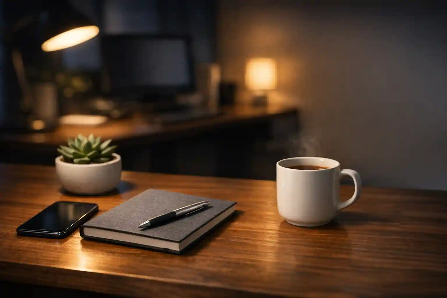 Business desk with phone, notebook, and a cup of coffee